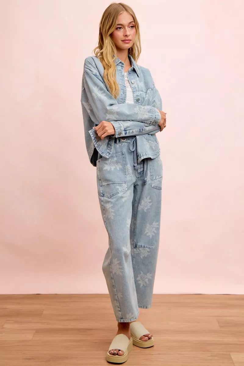 Light wash floral denim jacket styled look