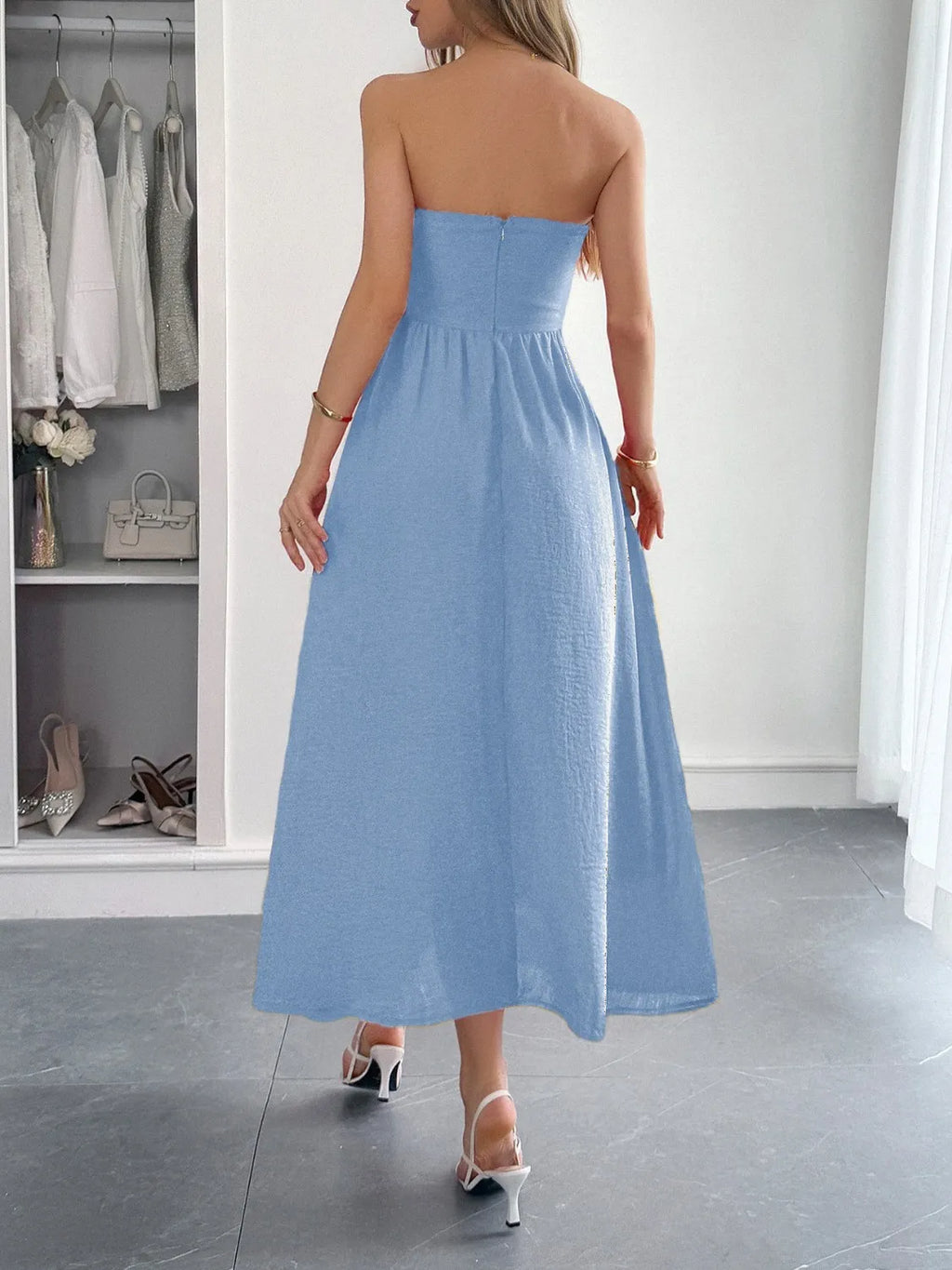 Strapless midi dress with pockets full outfit view