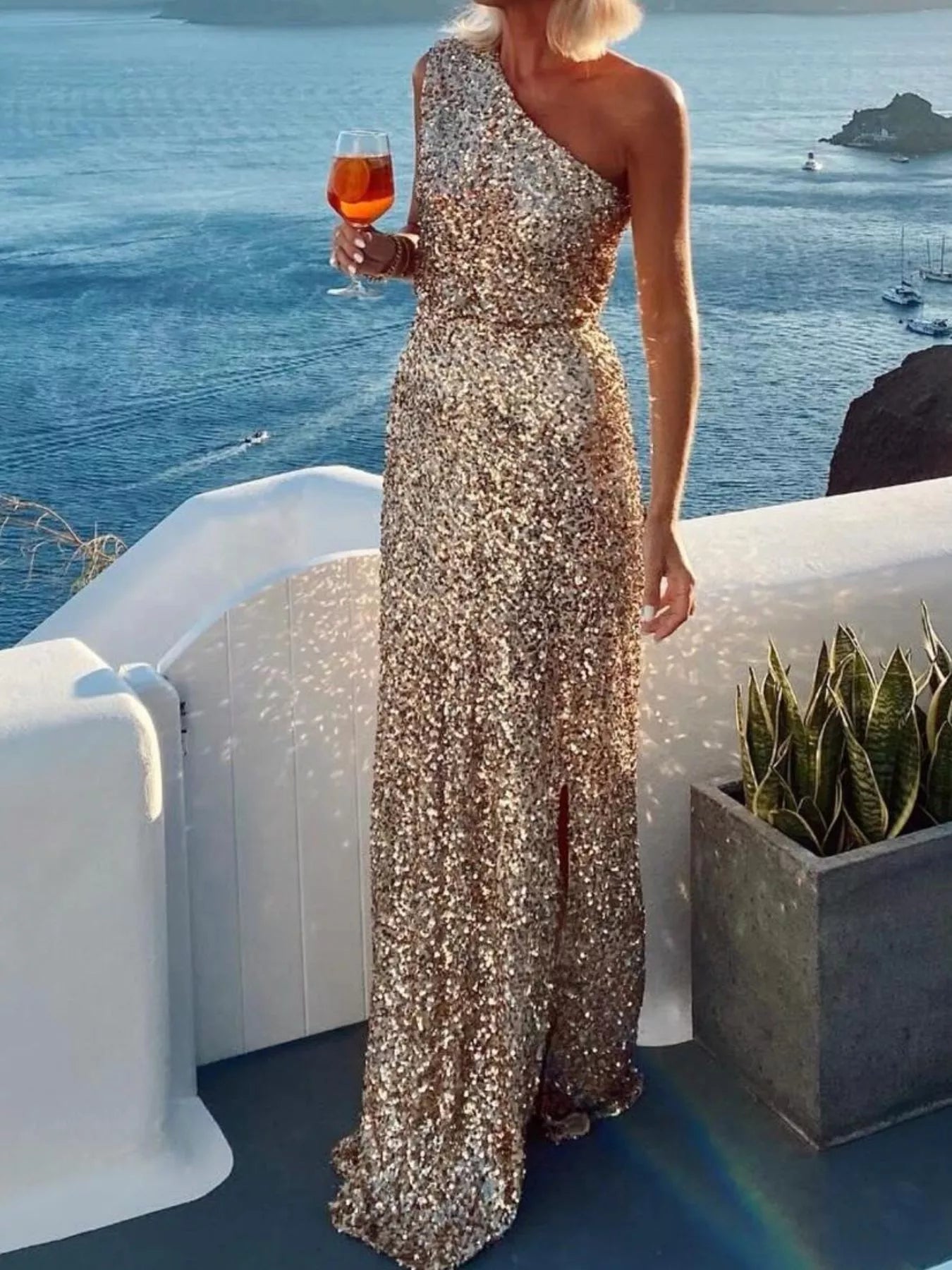 One shoulder sequin maxi dress back view