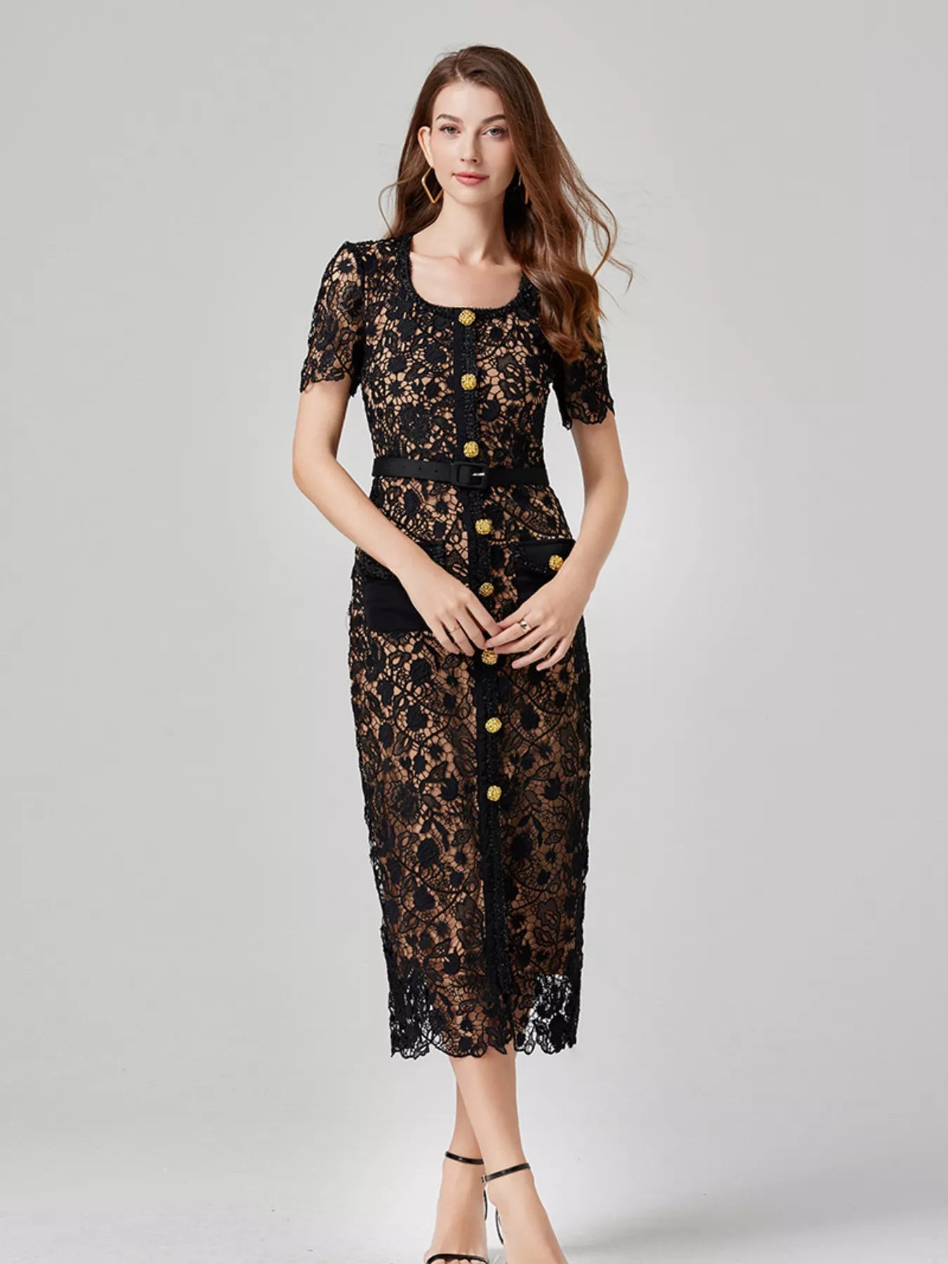 Lace button up midi dress back view