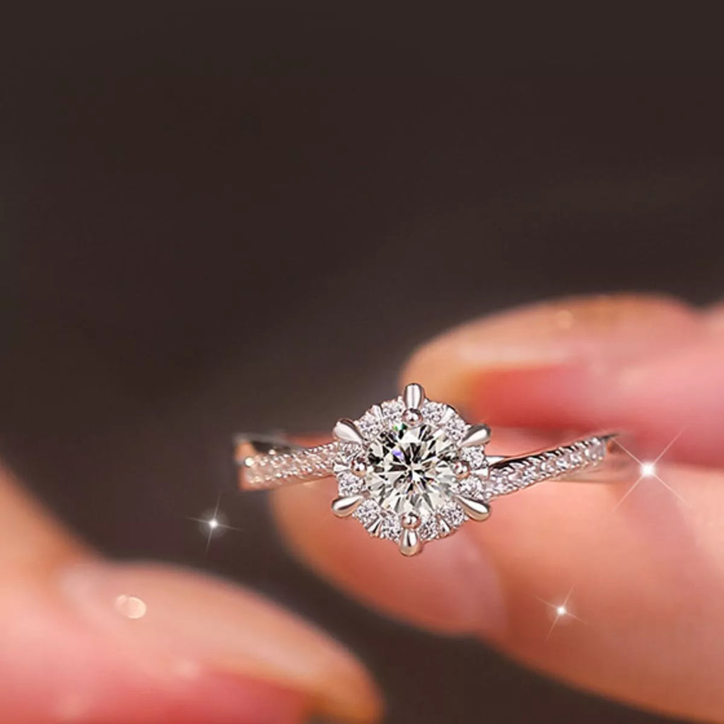 Stackable moissanite ring set shown side by side