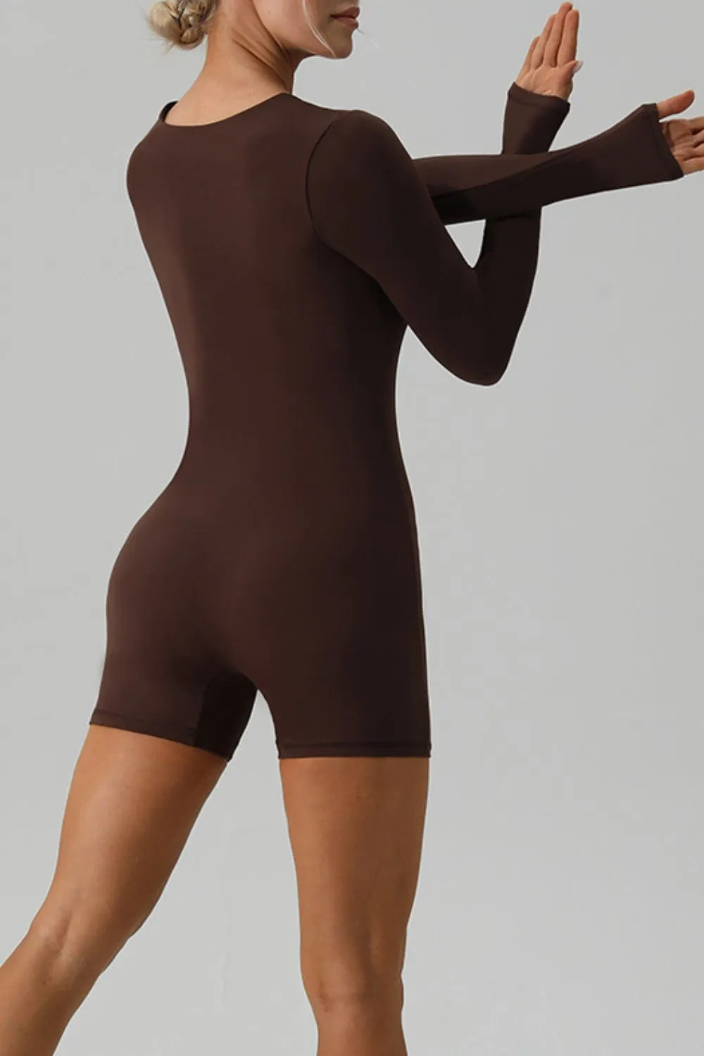 Brown active romper model styled look