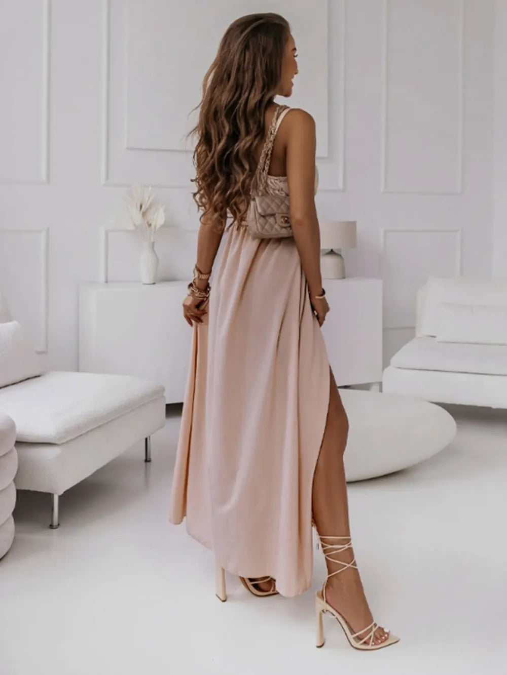 Surplice wrap front midi dress side view