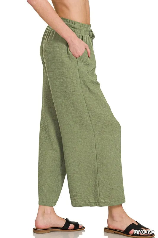 Crepe cropped pants drawstring waist detail
