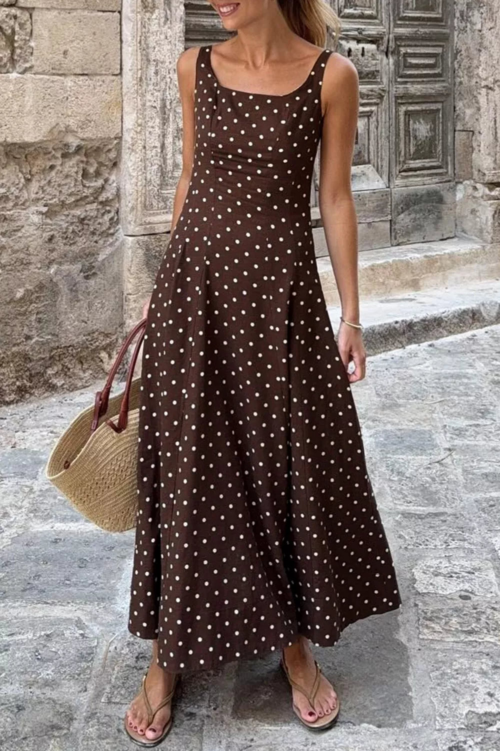 Polka dot square neck sleeveless maxi dress front view