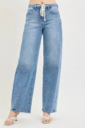RISEN relaxed fit drawstring waist jeans light wash front view on model