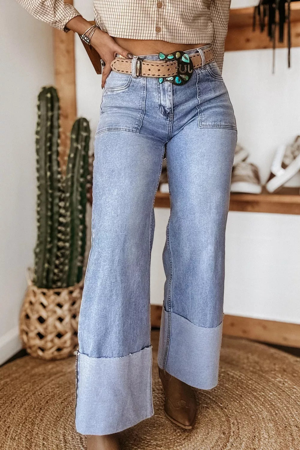 Turn up cuff loose fit jeans front view