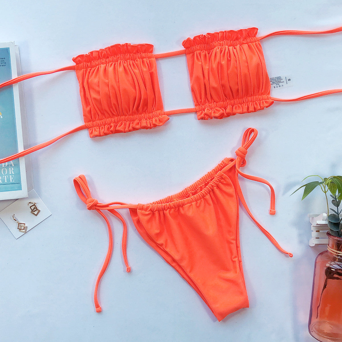 Frill trim ruched bikini set model shot