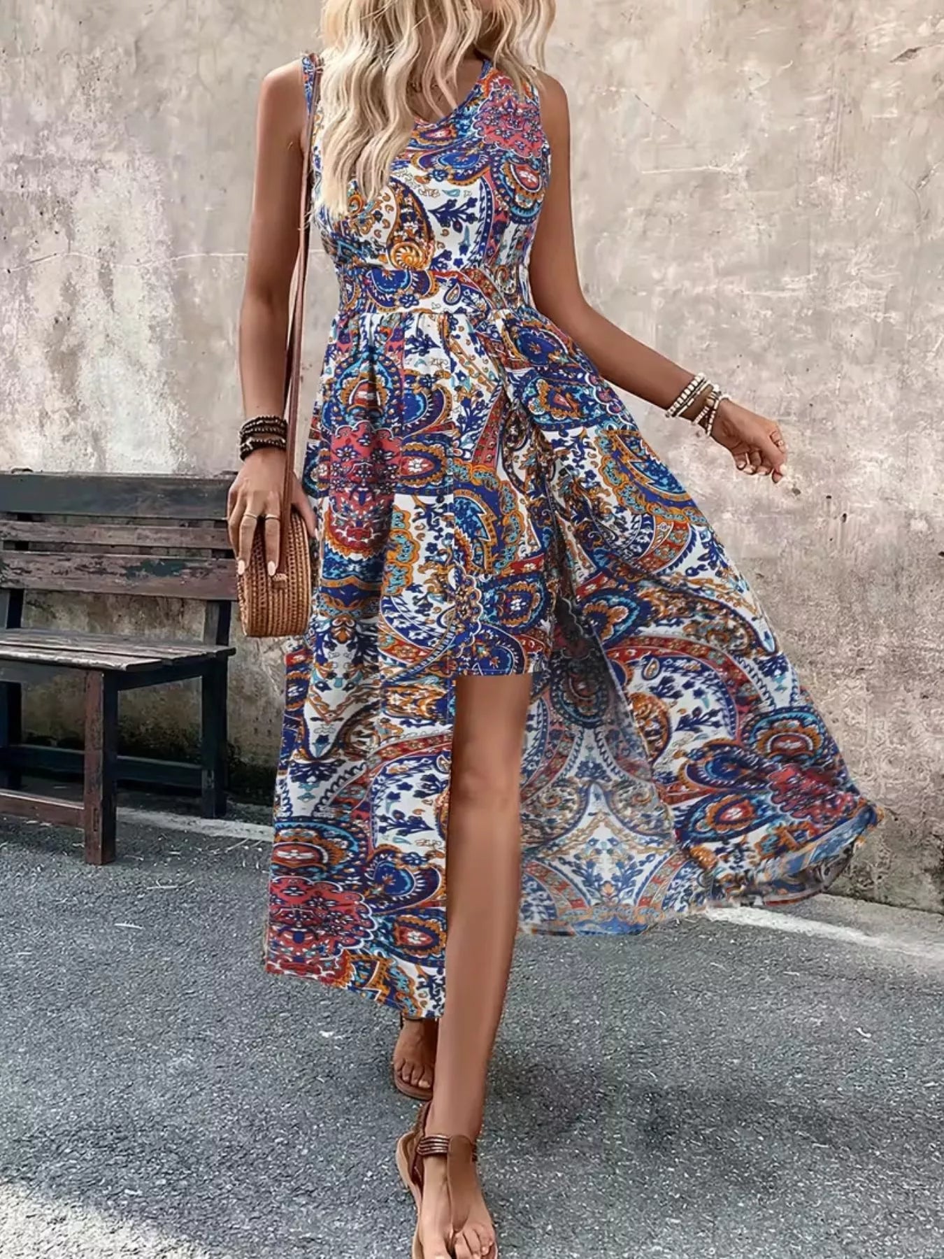 Multicolor romper styled with wedges