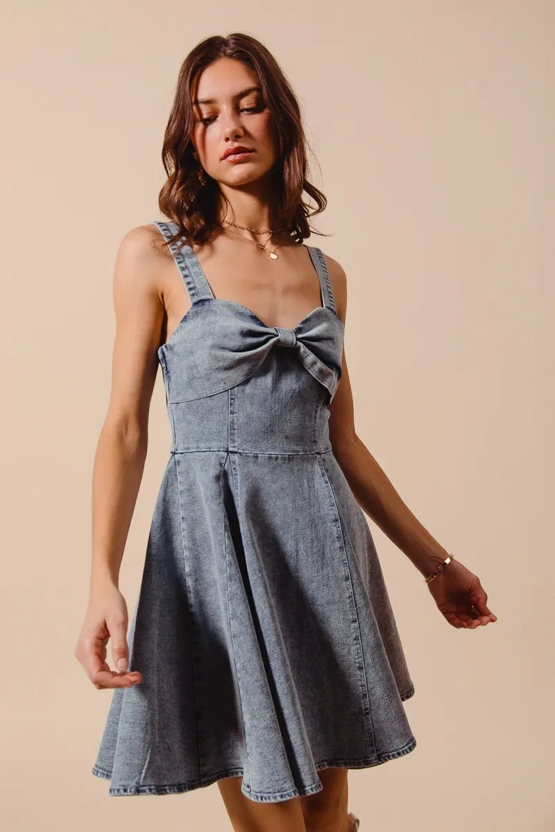 Mineral wash denim dress shown on model