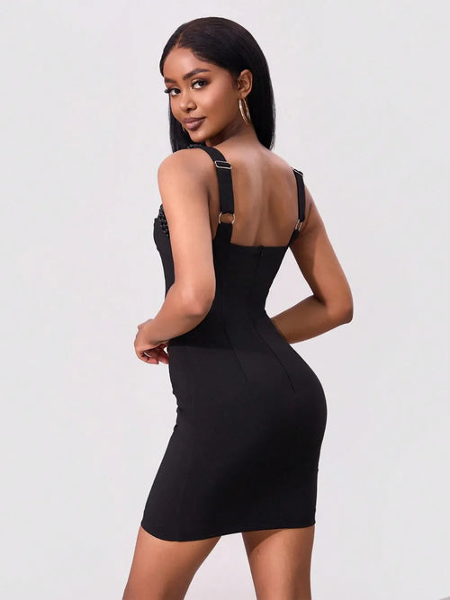 Beaded wrap dress side view on model
