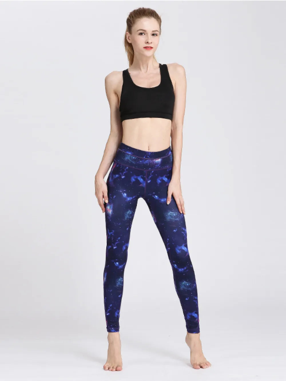 French blue printed workout leggings front view