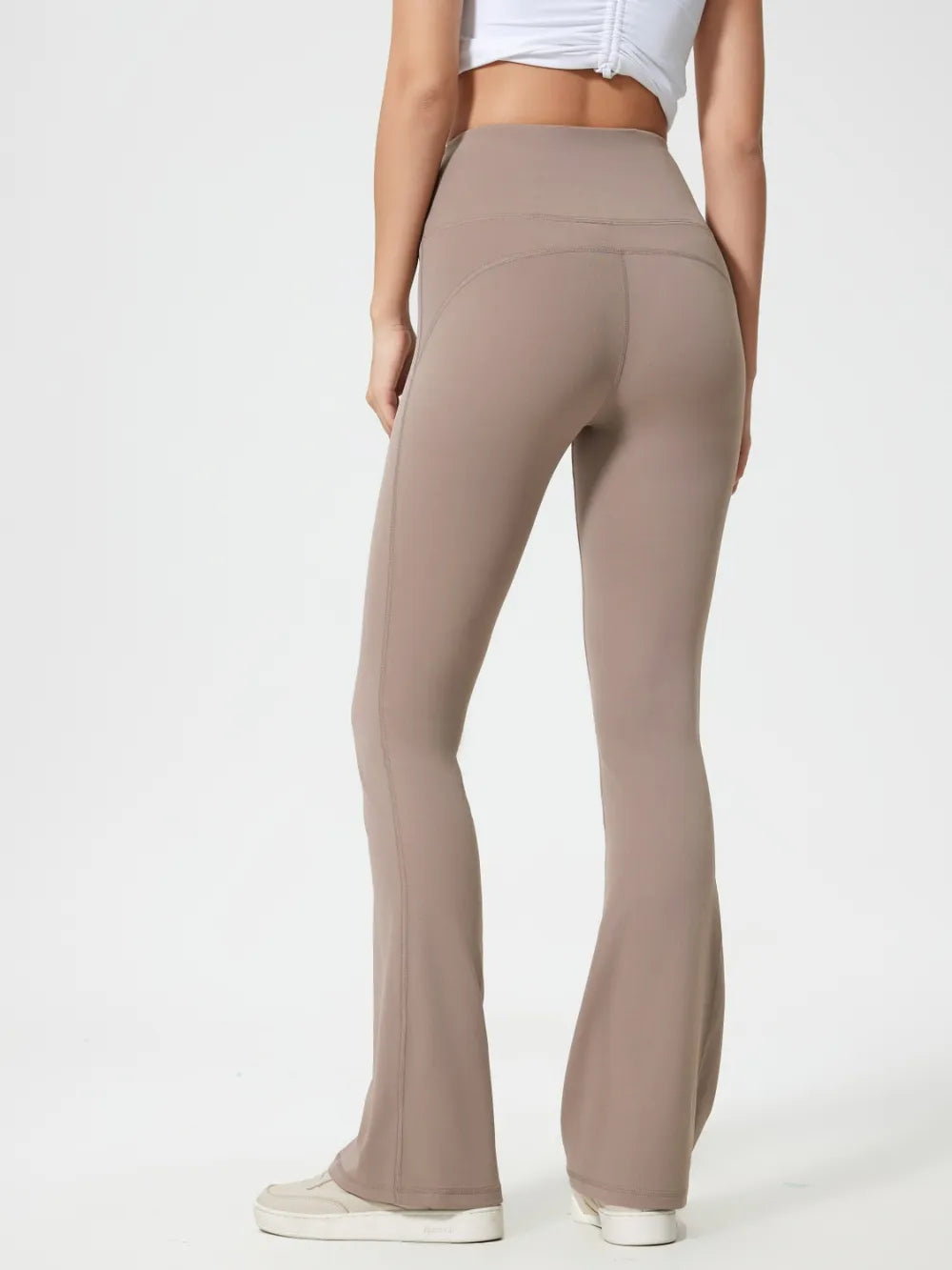 Mocha high waist active pants side view on model