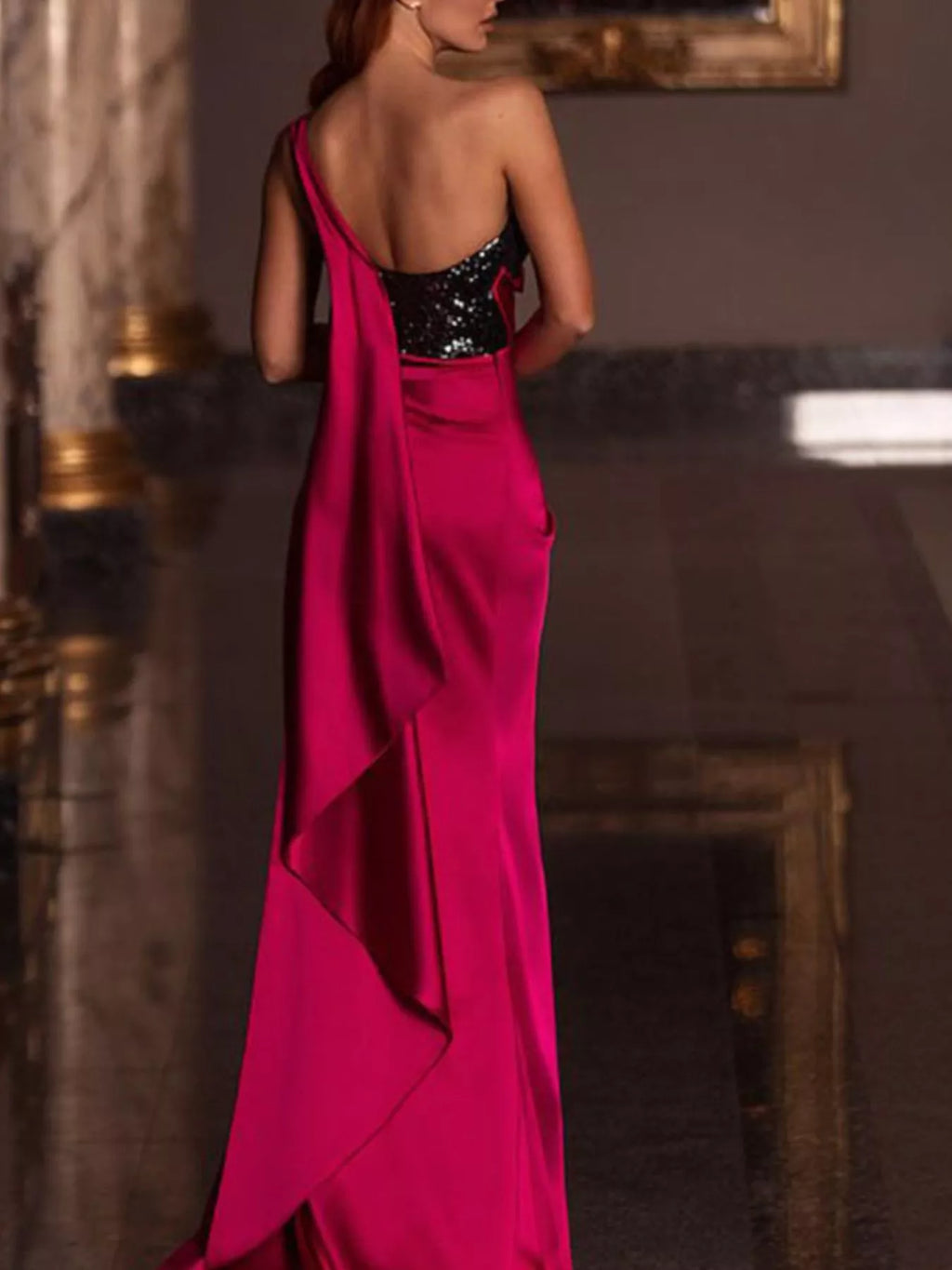 Sequin bodice detail on one shoulder satin gown