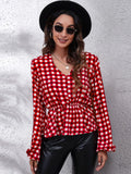 Plaid v neck balloon sleeve peplum blouse front view