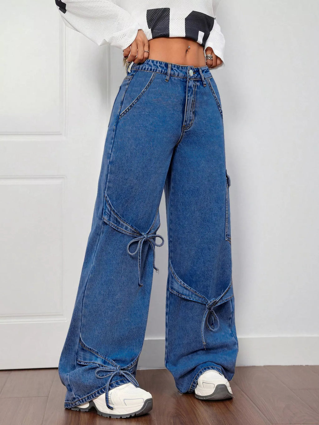 Bow tie wide leg jeans back view