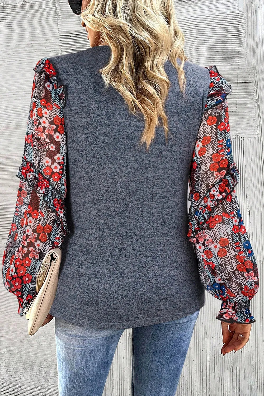 Dark gray heathered floral blouse back view