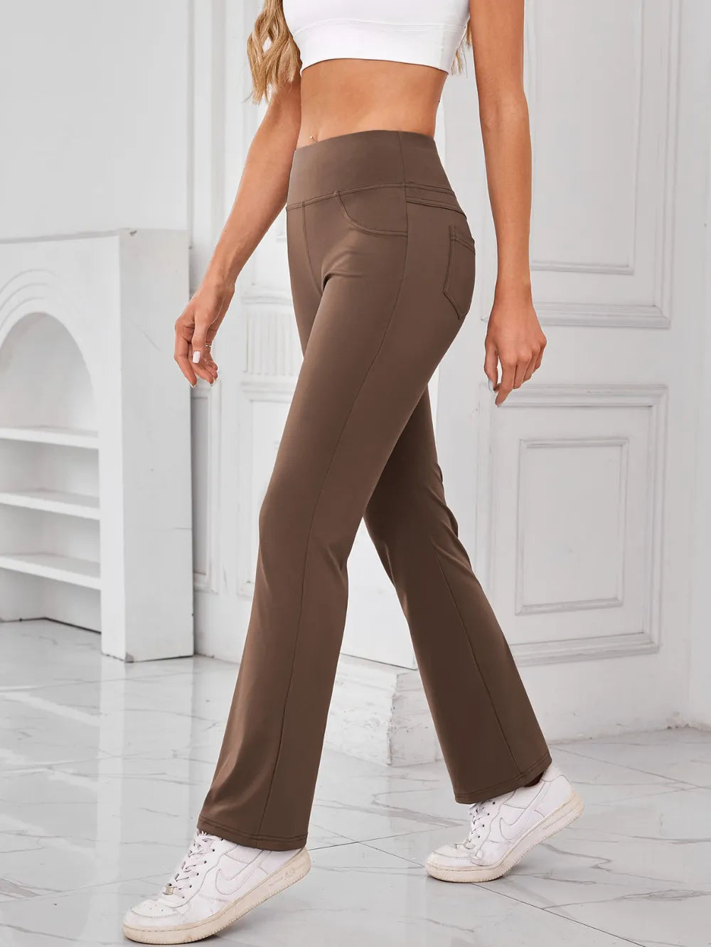Brown high waist active pants pocket detail