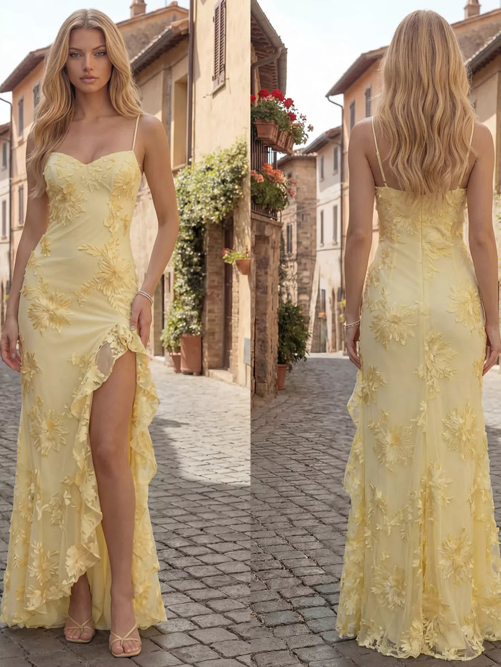 Ruffled trim slit floral maxi dress full length on model