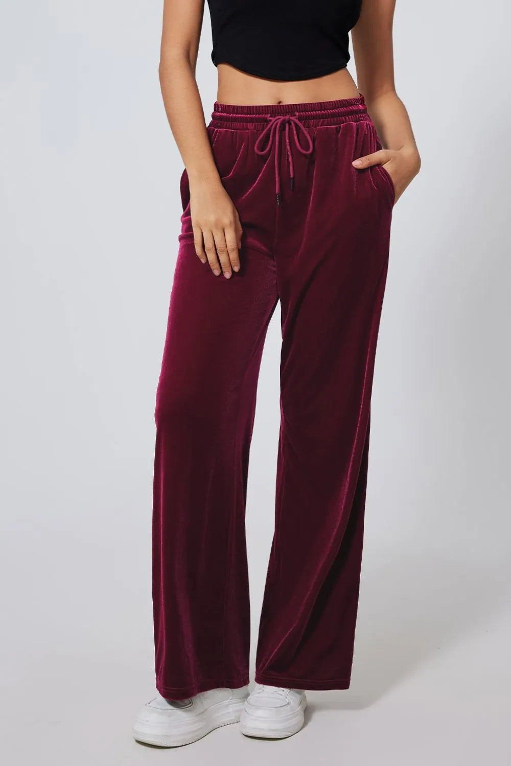 Wide leg workout pants leg drape detail