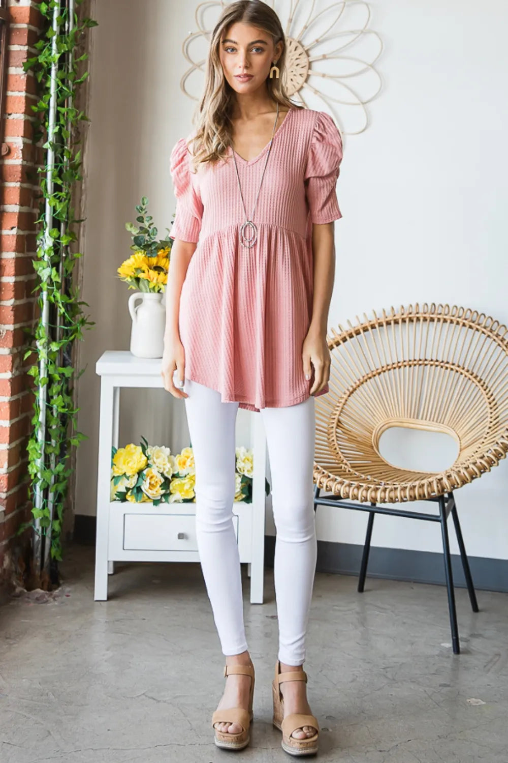 Babydoll flare waffle top styled with jeans