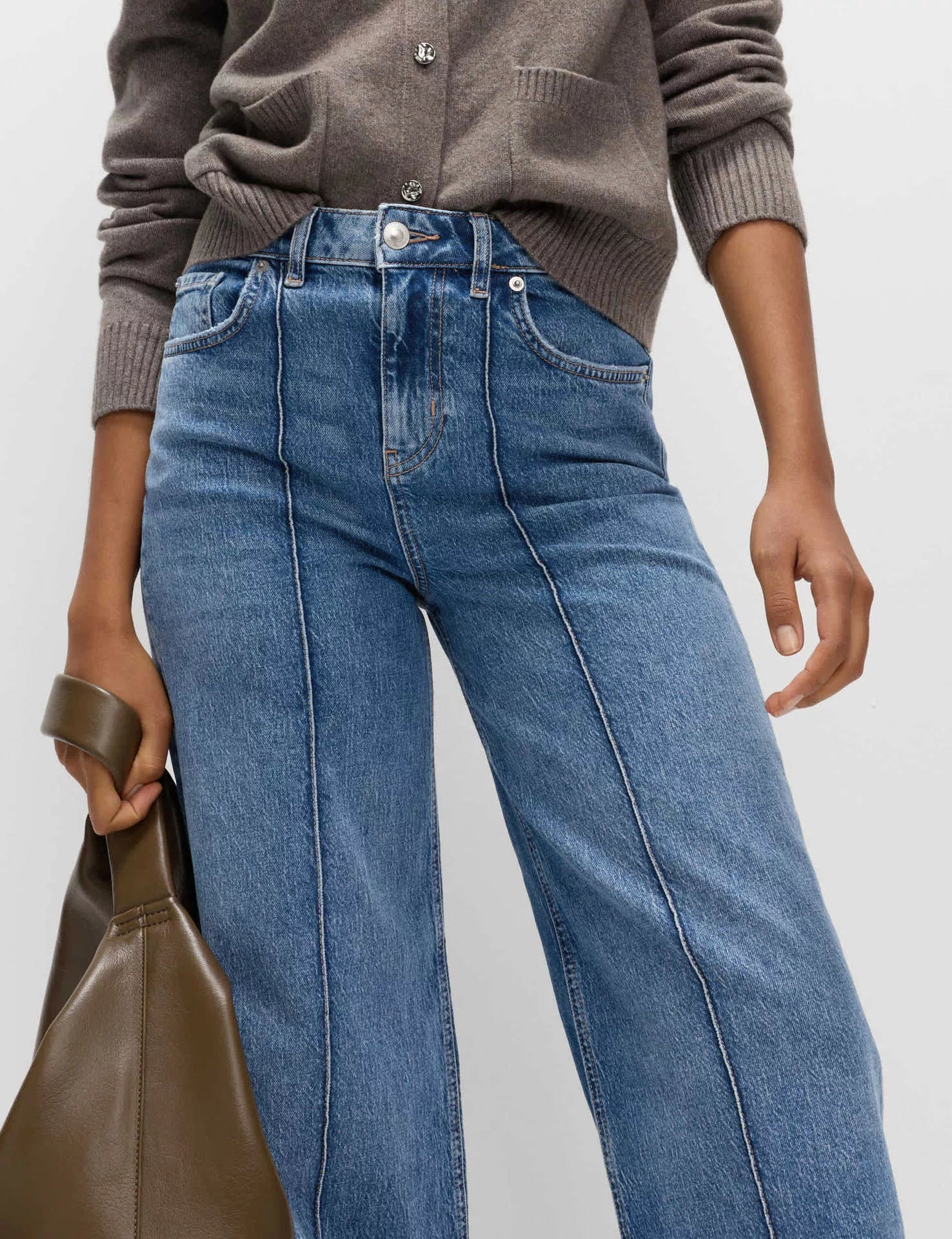 Front seam wide leg jeans styled outfit view
