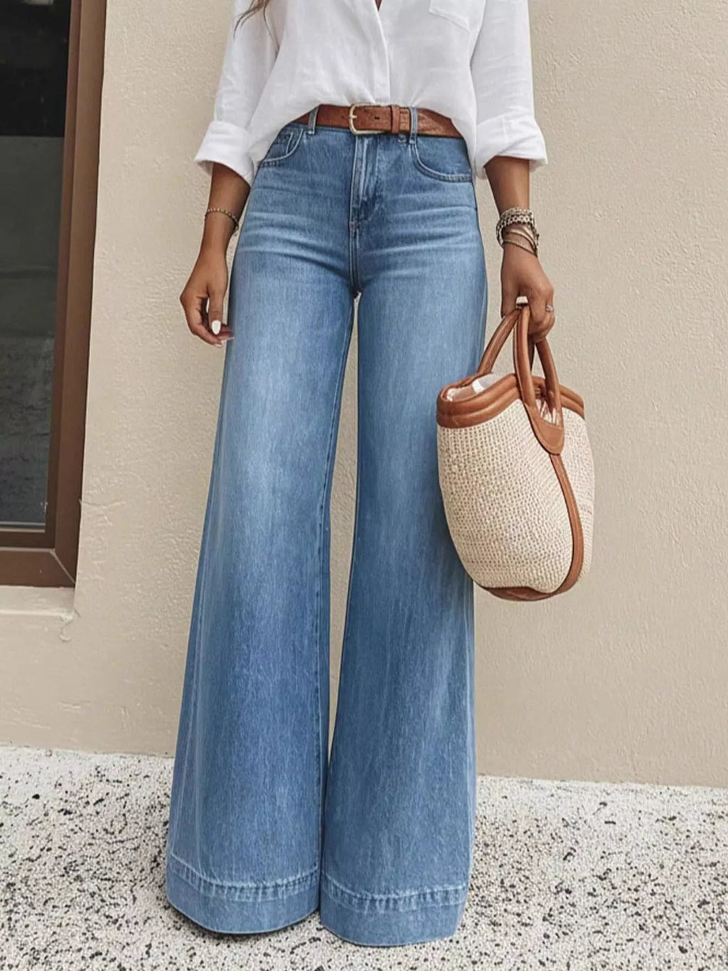 Wide leg jeans side view on model