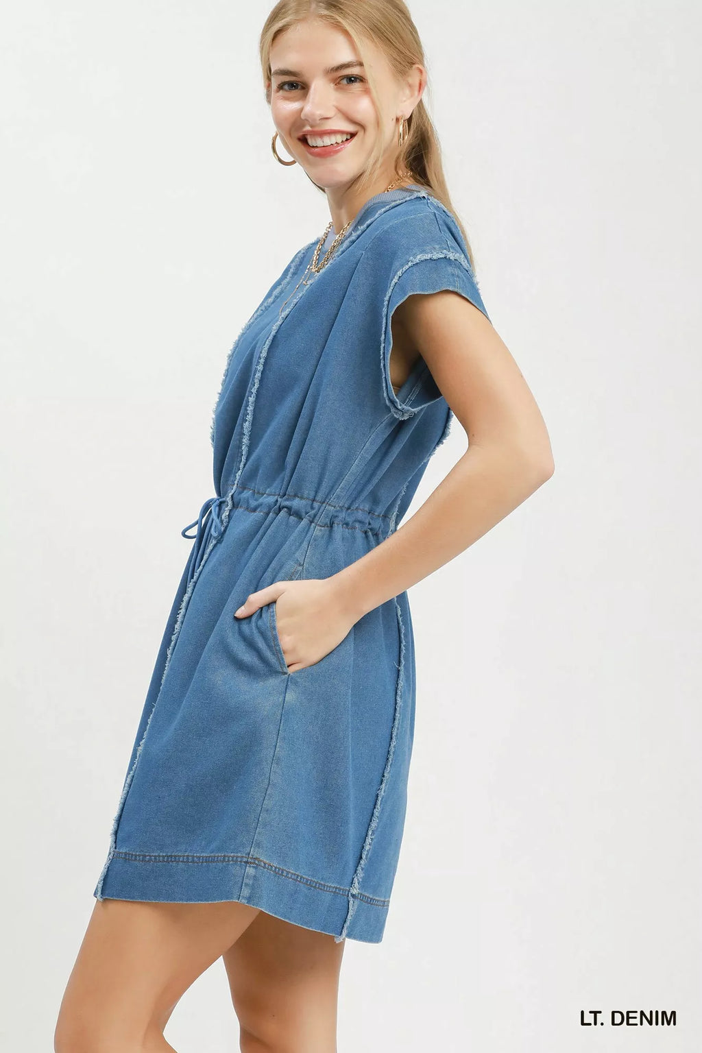 Frayed seam detail on denim mini dress