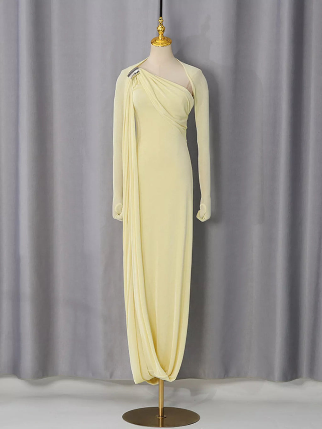 Brown one shoulder draped maxi dress model