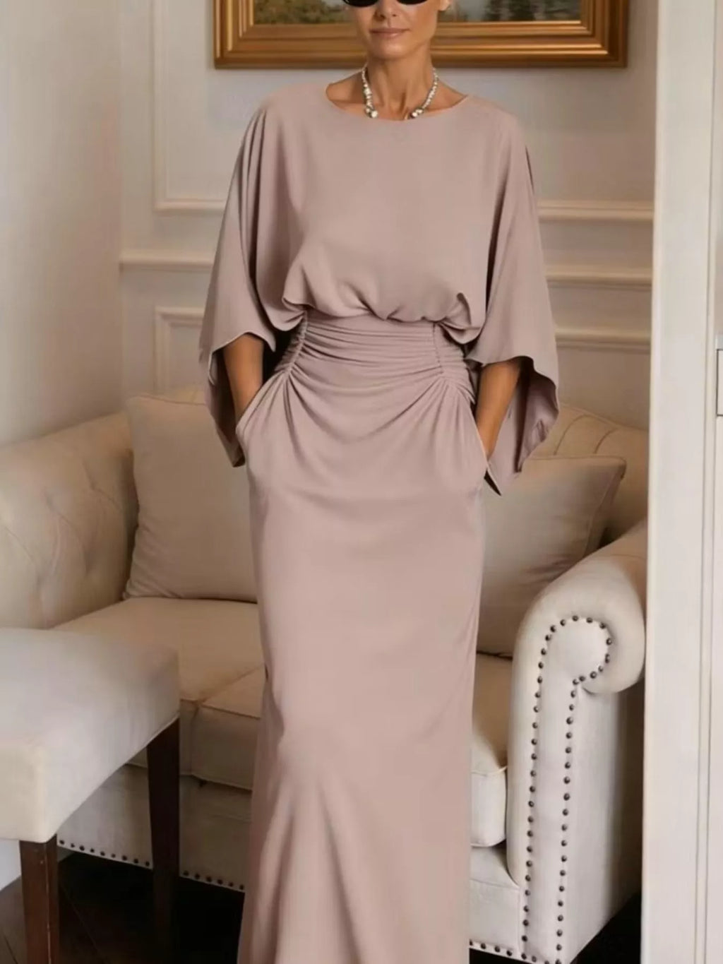 Batwing sleeve dress ruched body detail