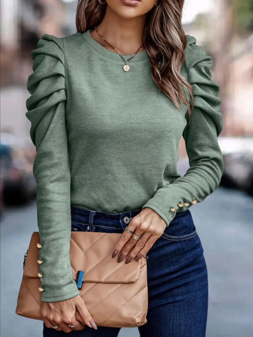 Dark gray blouse buttoned front detail