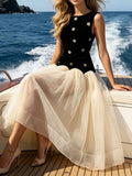 Contrast flower sleeveless tulle maxi dress front view