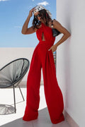 Red halter neck wide leg jumpsuit front view