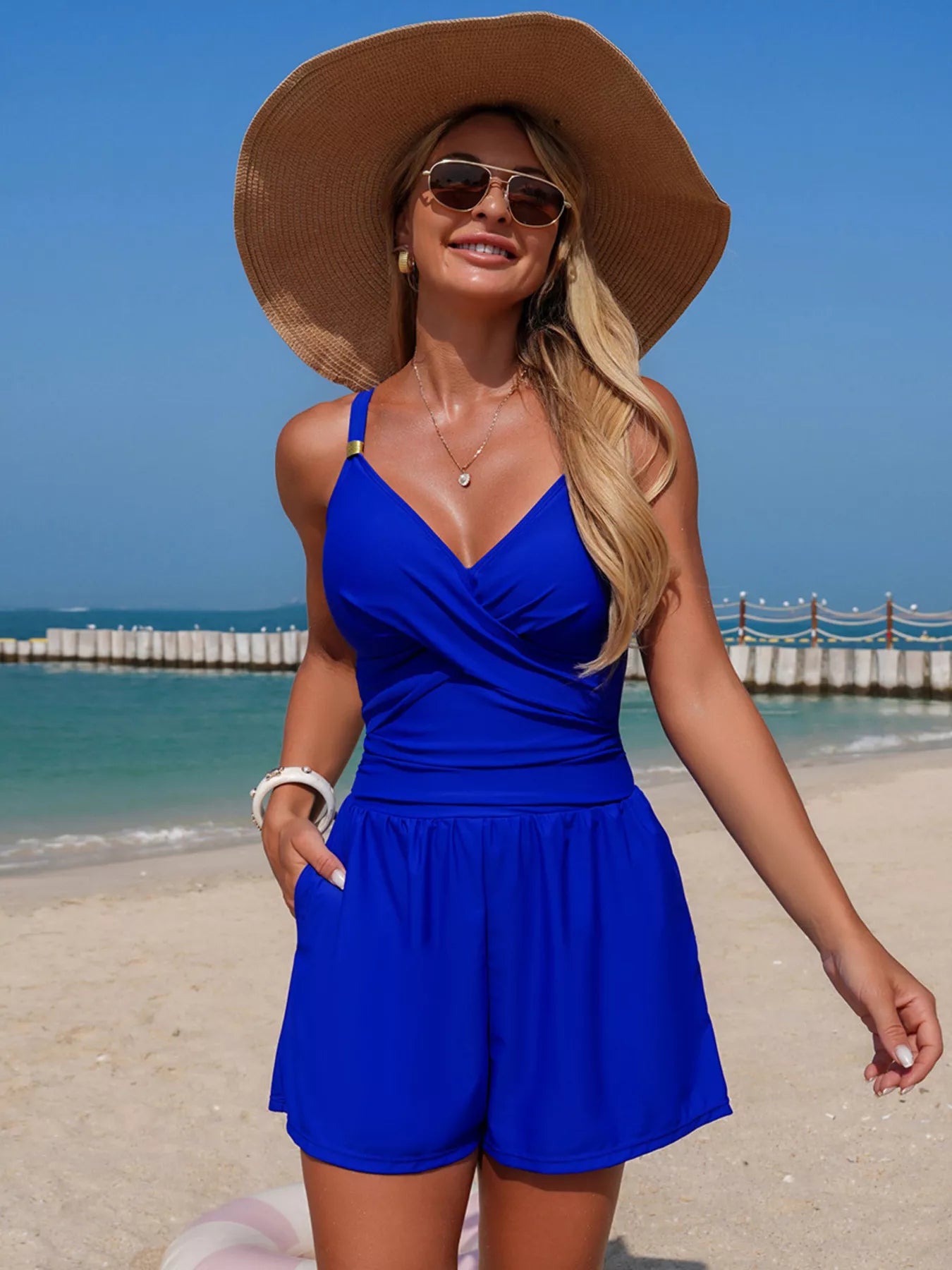 Peacock blue one piece swimsuit front view