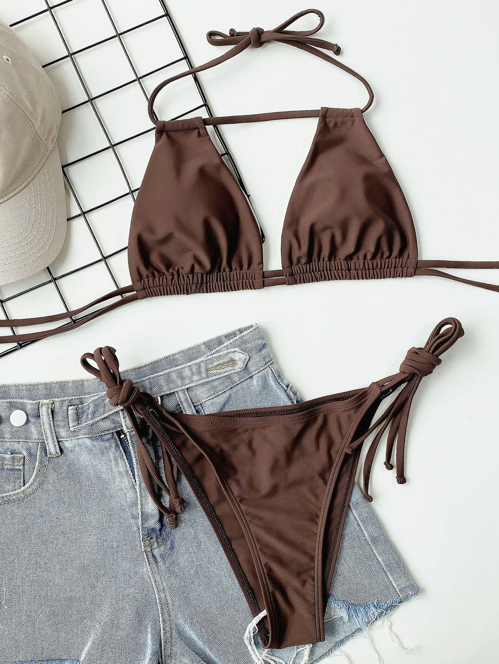Ruched halter bikini side view on model