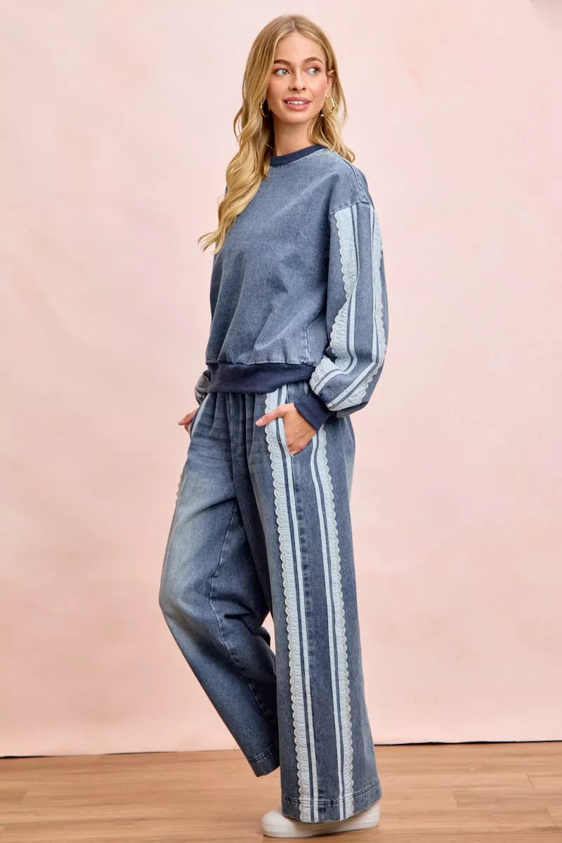 Washed denim sweatshirt collar and neckline detail