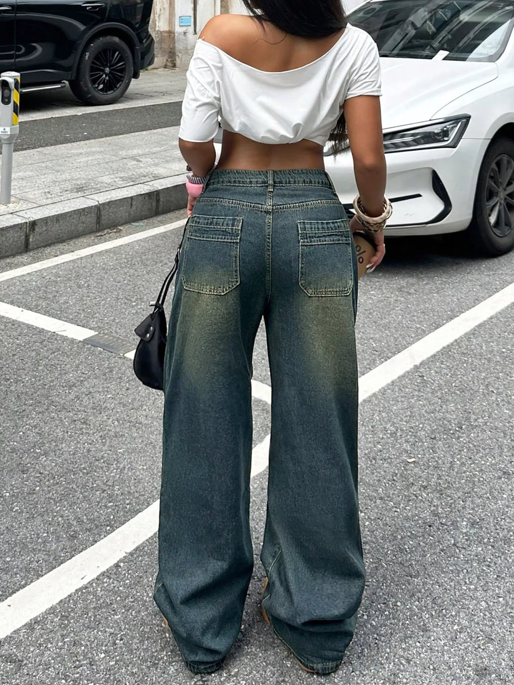Vintage wash wide leg jeans back view
