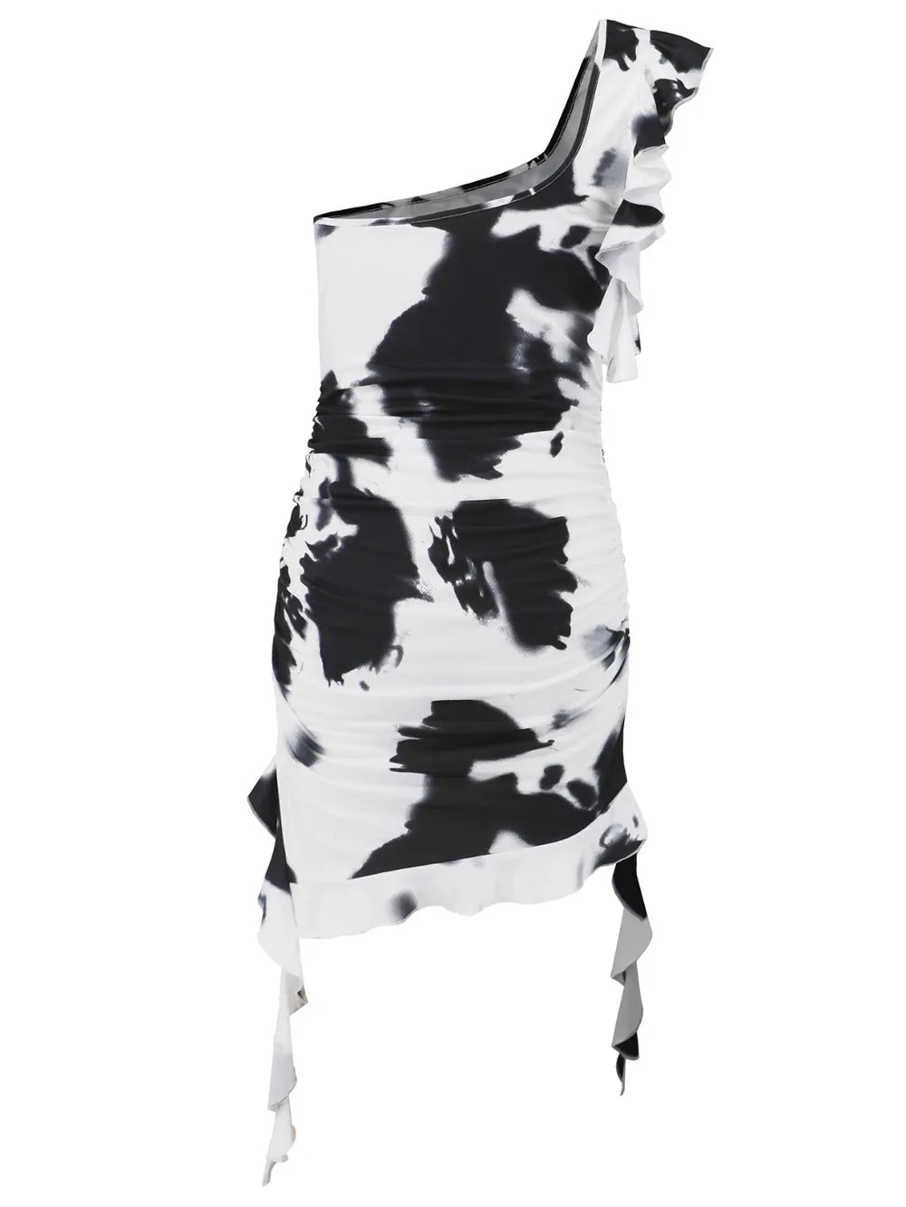 Black tie dye one shoulder mini dress back view