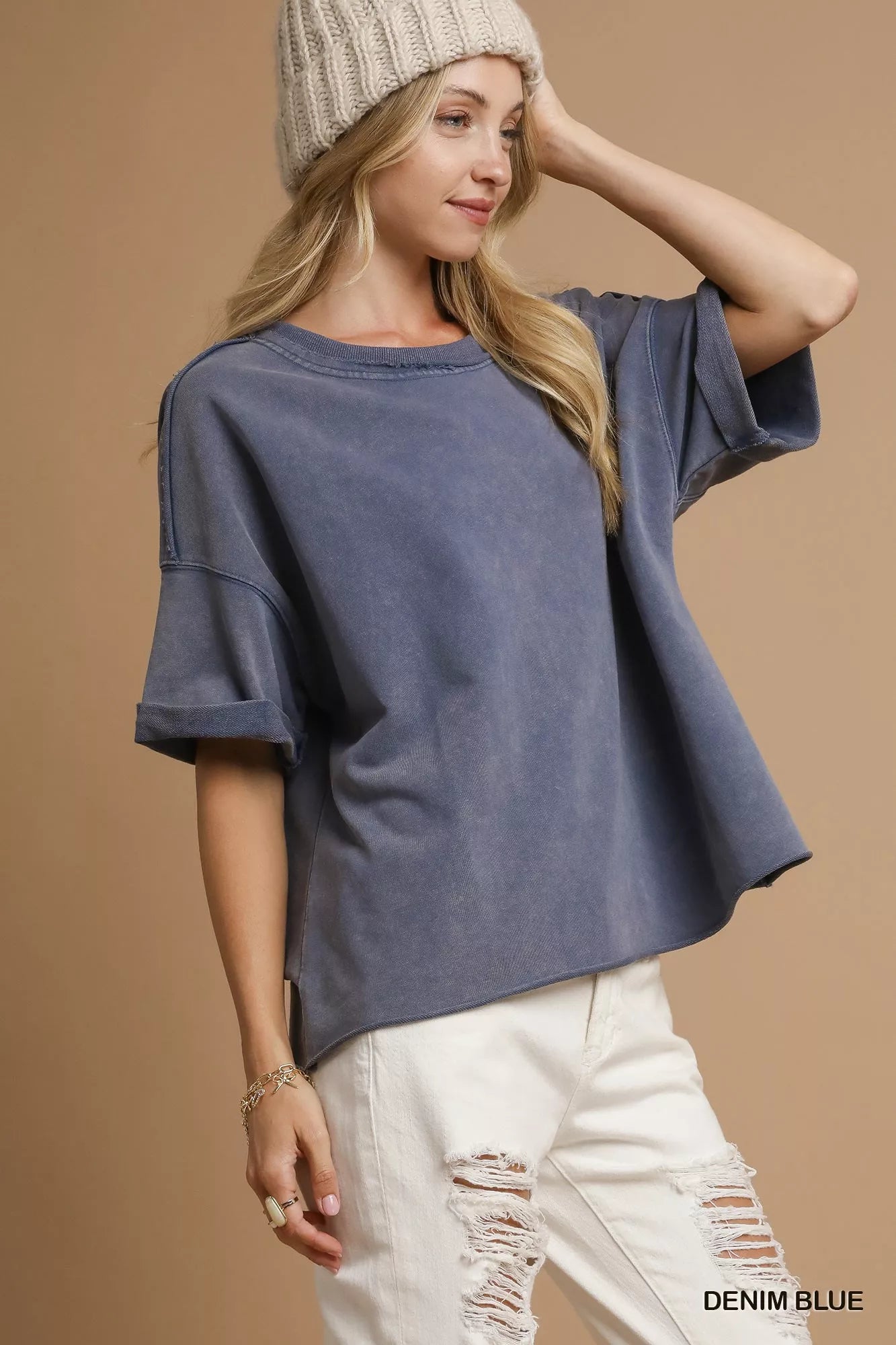 Washed cotton oversized top on model