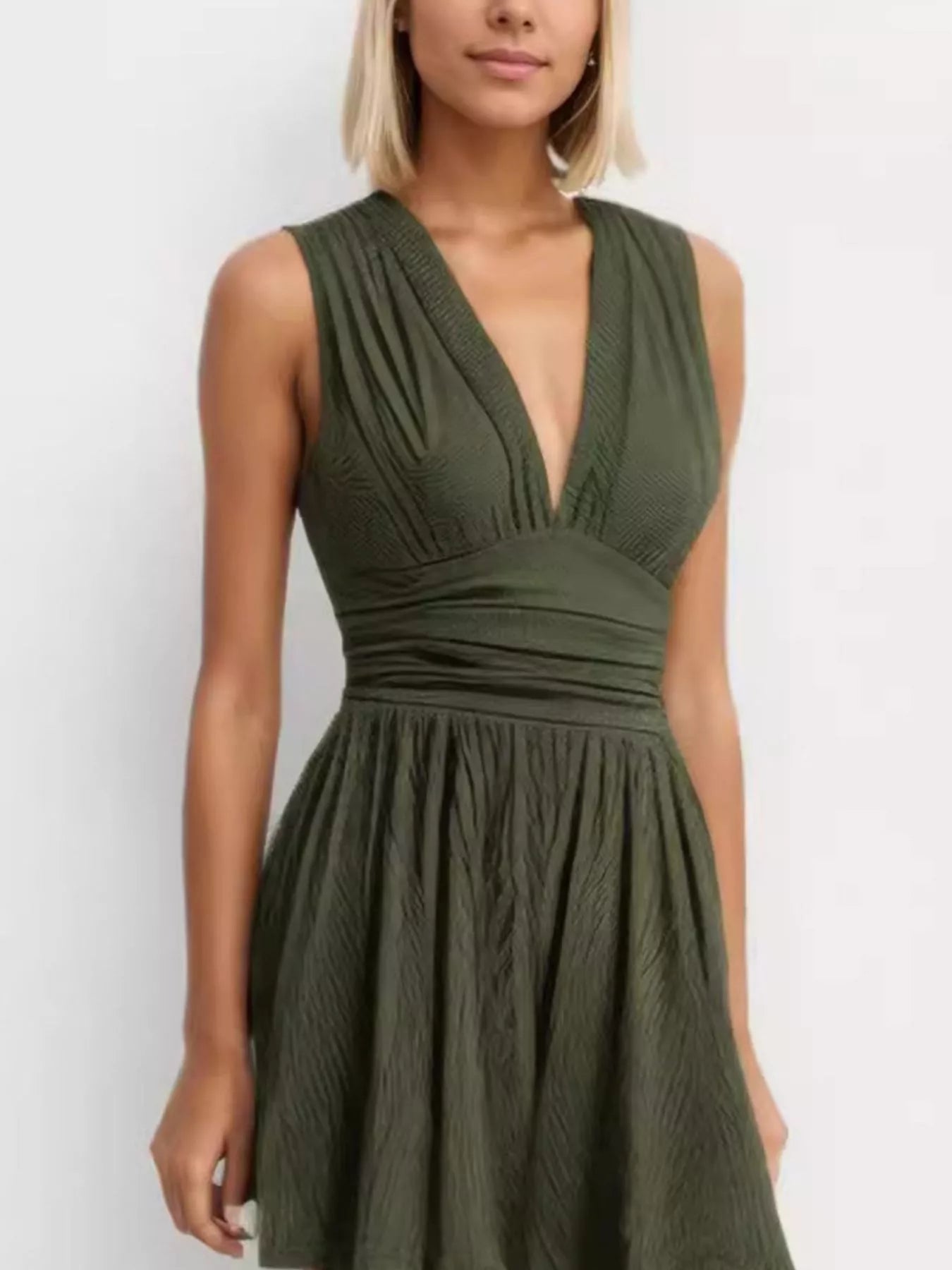 Ruched sleeveless romper in army green front view