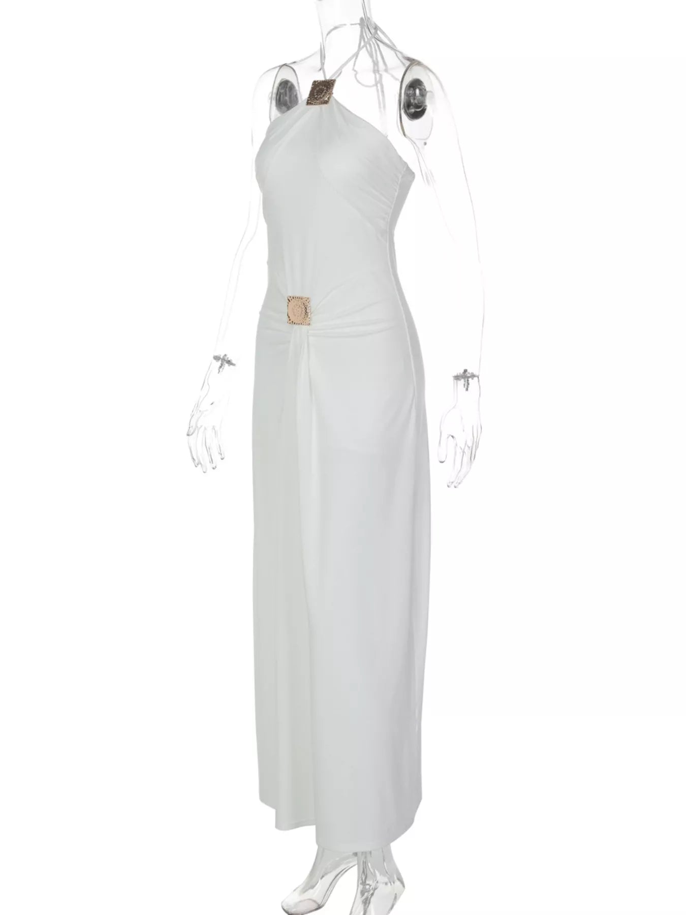 Black backless ruched halter maxi dress front view