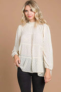Swiss dot smocked mock neck blouse front view in ivory cream