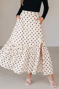 Polka dot ruffled slit maxi skirt front view