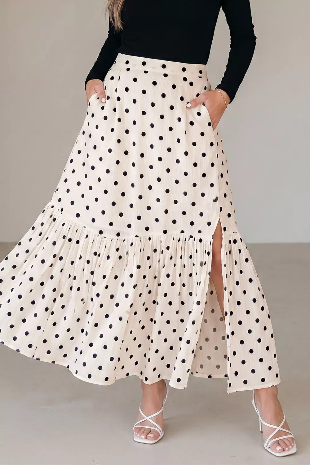 Polka dot ruffled slit maxi skirt front view