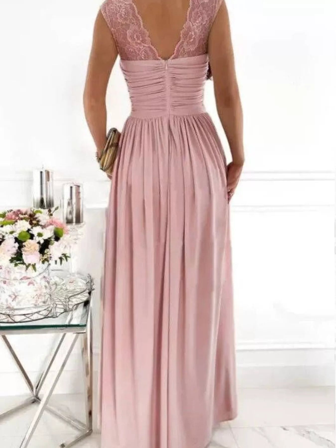 Zipper closure detail on lace maxi dress