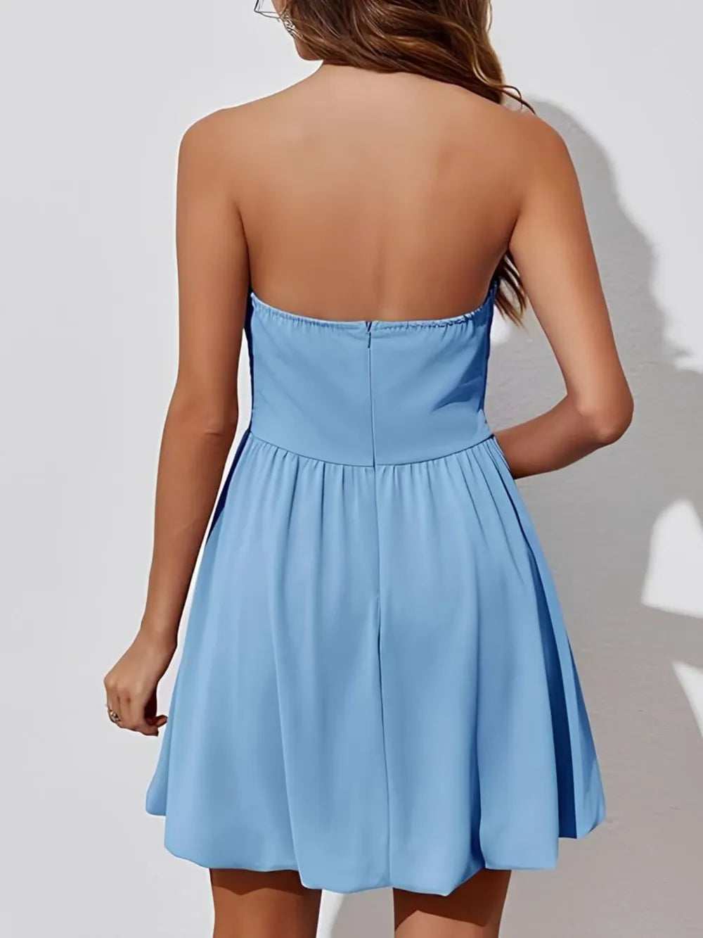 Ruched bodycon tube mini dress in light blue back view