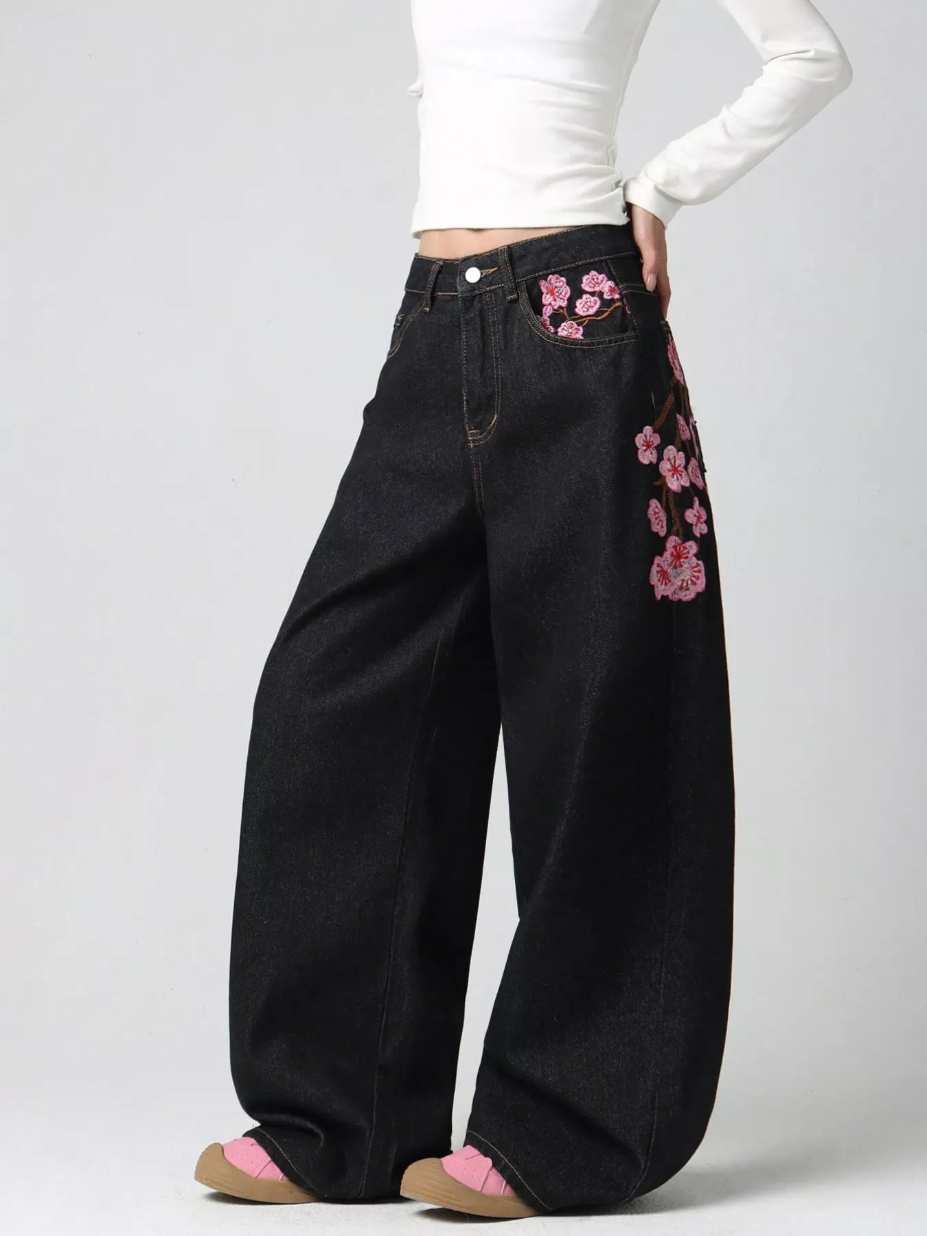 Embroidered jeans seam detail close up