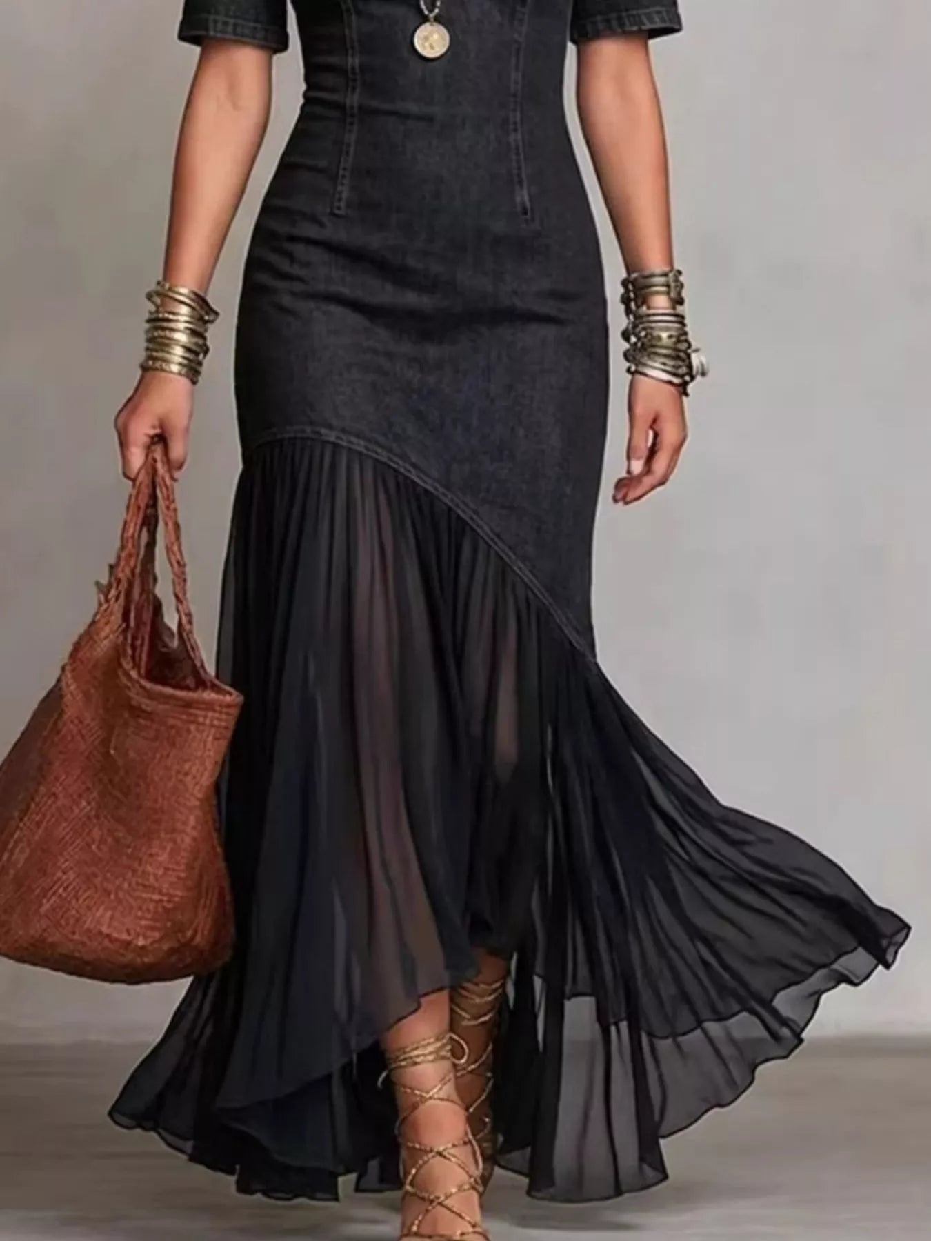 Cold shoulder maxi dress side view showing ruffle hem