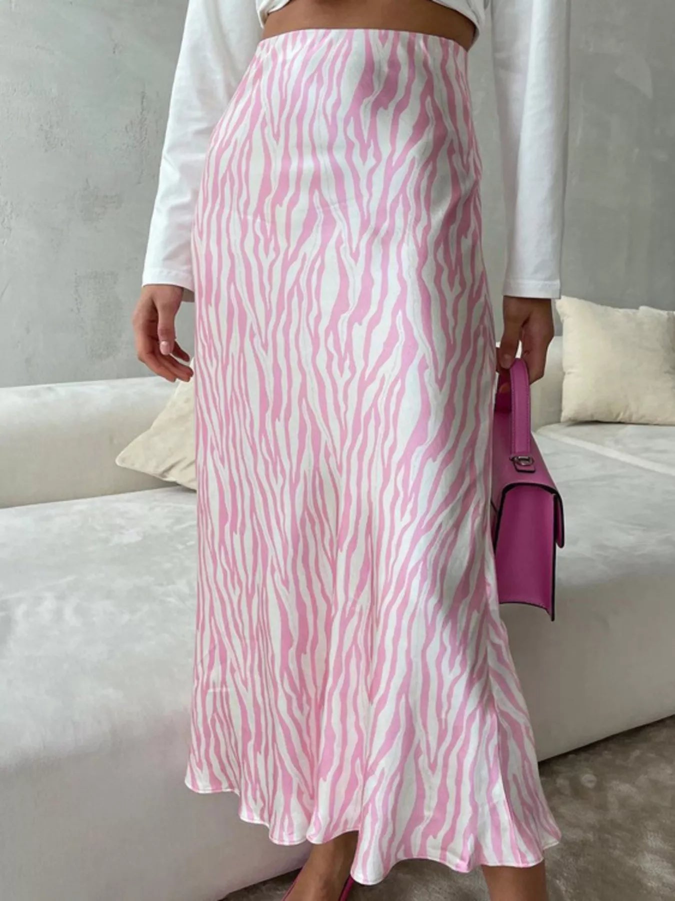Pink satin midi skirt fabric detail