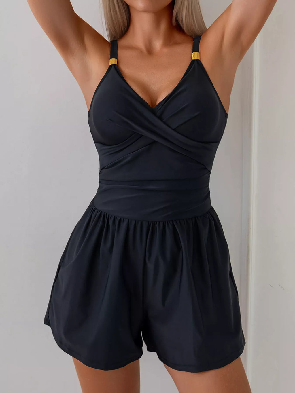 Black one piece swimsuit side view